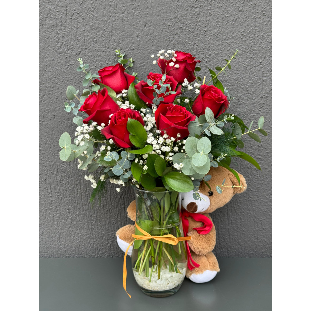 PAŞABAHÇE VAZODA 7'LI KIRMIZI GÜL VE AYICIK